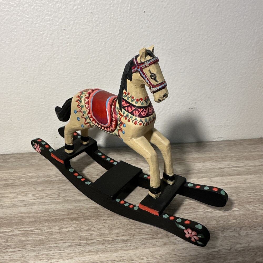 Vintage MCM Hand Carved & Hand Painted Wood Rocking Horse – 8" Folk Art